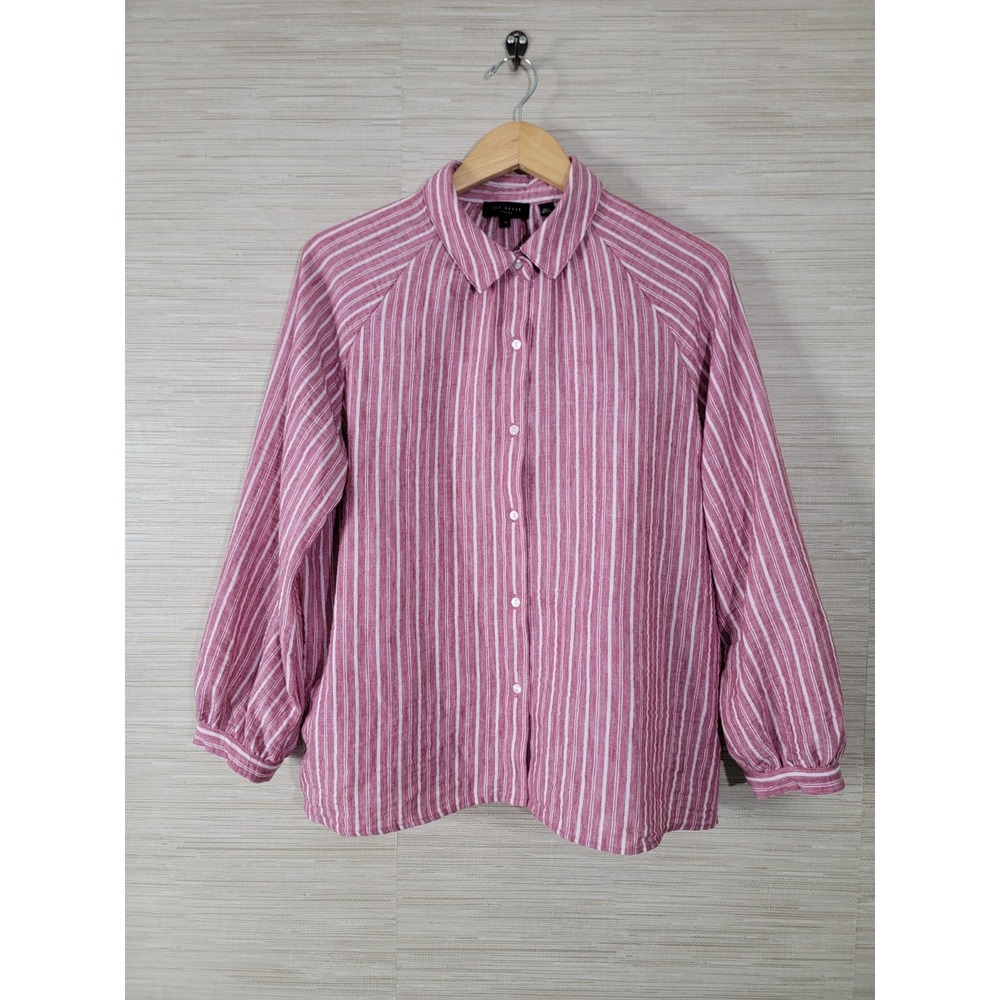 Ted Baker Shirt Top Womens L Pink White Striped Long Sleeve Collared Button‎ Up